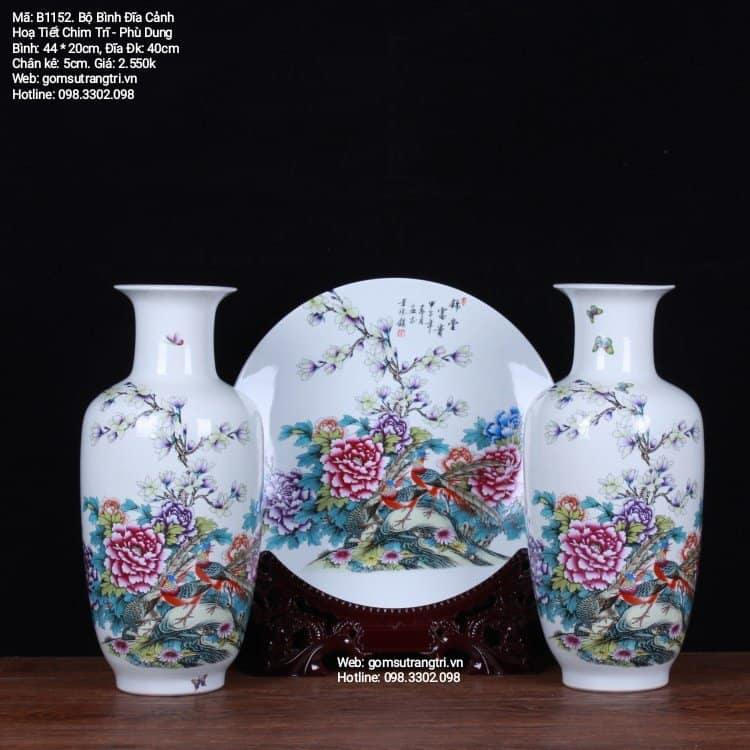 BỘ BÌNH ĐĨA CHIM TRĨ – HOA PHÙ DUNG